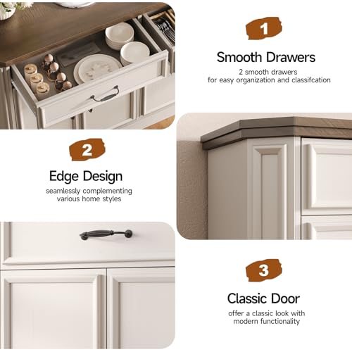ONBRILL 55" Sideboard Buffet Cabinet with 2 Storage Drawers & 4 Doors, Modern Kitchen Sideboards and Buffets with Adjustable Shelves, Wood Coffee Bar Cabinet for Living Room, Entryway, Off-White