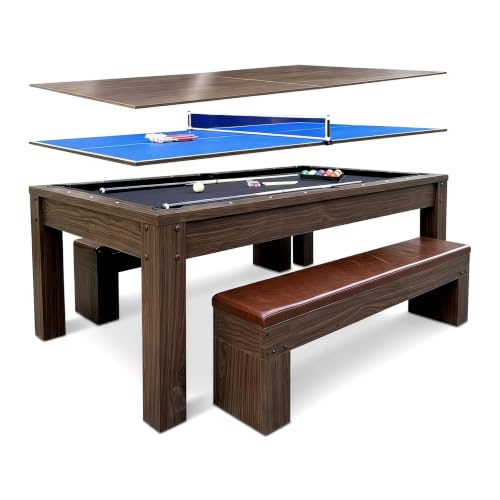 7ft 3-in-1 Multi Game Table, Pool Ping Pong Dining Table Combo with 2 Storage Benches & Full Game Accessories