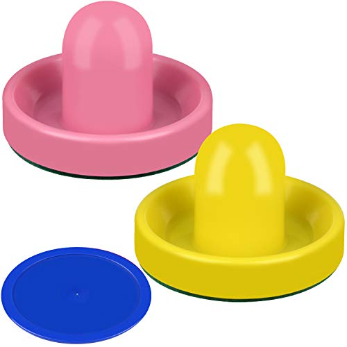 ONE250 Air Hockey Pushers and Red Air Hockey Pucks, Goal Handles Paddles Replacement Accessories for Game Tables (4 Striker, 4 Puck Pack) - color: Pink & Yellow