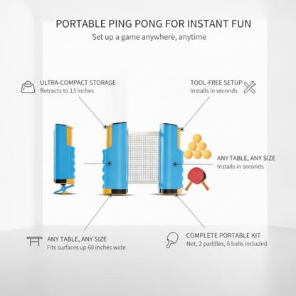 Portable Retractable Ping Pong Net Set with 2 Rackets & 3 Balls, Tool-Free Clamp for Any Flat Table - color: Yellow