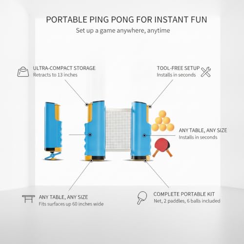 Portable Retractable Ping Pong Net Set with 2 Rackets & 3 Balls, Tool-Free Clamp for Any Flat Table - color: Yellow