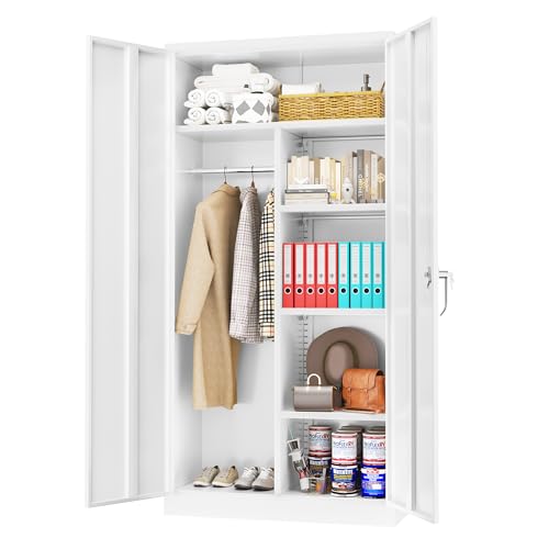 Greenvelly Metal Storage Cabinet with 2 Doors, White 72” Steel Storage Wardrobe Cabinet, Employees Locker Closet Clothing Coat Steel Wardrobe Cabinet with Hanging Rod for Garage, Gym, Home Office - color: White, style: 72"H-Locker