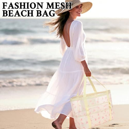 GYEUKHAM Mesh Beach Bag for Women, Sand-Resistant Pool Tote, 9 Pockets (1 Inner Zip), Foldable Family Travel Essentials - color: L-pink Butterfly