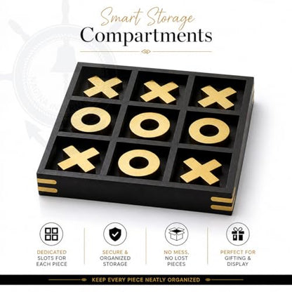 10" Large Elegant Premium Black Tic Tac Toe Board Game | Wooden Puzzle Game | Coffee Table Wooden Decor & Games | Lightweight Gold Plated Pieces