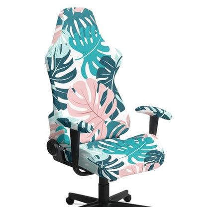 Monstera Print Gaming Chair Covers Slipcovers Skin Friendly Breathable Elastic Computer Desk Chair Cover with Armrest Covers for Ergonomic Game Rotating Office Chairs - color: Green and Pink - Monstera