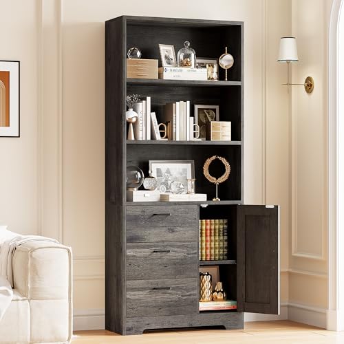 IRONCK Bookshelf with Doors and 3 Drawers 71 in Tall Bookcase with 3-Tier Shelves, Industrial Book Shelf with Storage for Living Room Entrance Hallway Home Office - color: Charcoal Grey