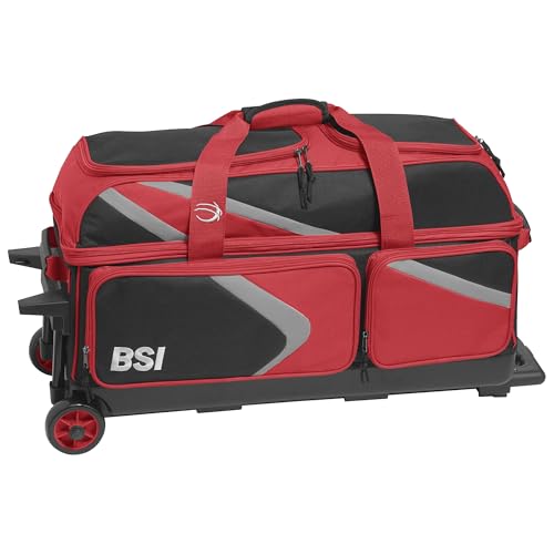 BSI Dash Roller Bowling Bag with Smooth Rolling Wheels, Padded Ball Compartment, Retractable Locking Handle, & Shoe Pocket - color: Black/Red/Gray, style: Triple
