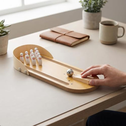 Tabletop Mini Bowling Game Set, Wooden Board Mini Desktop Funny Game Finger Ball Games for MenWomen Kids Teens Boys