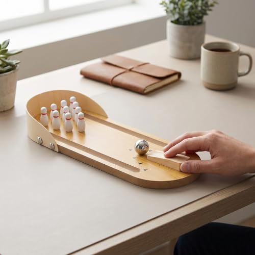 Zerodis Mini Bowling Game Set, Wooden Home Office Desk Toy Stress Reduce Decompression Gadget Compact Design Finger Sport Games Party Family Gathering for Adults Teens Kids