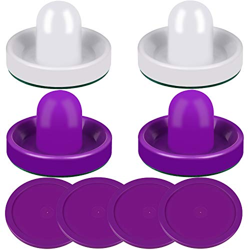 ONE250 Air Hockey Pushers and Red Air Hockey Pucks, Goal Handles Paddles Replacement Accessories for Game Tables (4 Striker, 4 Puck Pack) - color: Purple & White
