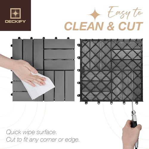 9Pcs Premium Acacia Wood Interlocking Patio Deck Tiles, 12 x 12 x 0.9 Inch Outdoor Flooring, Waterproof for All-Weather Use – Crossed, Gray
