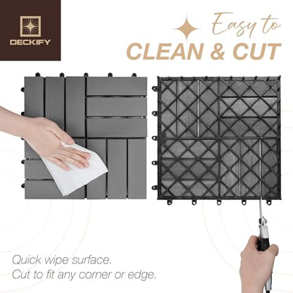 9Pcs Premium Acacia Wood Interlocking Patio Deck Tiles, 12 x 12 x 0.9 Inch Outdoor Flooring, Waterproof for All-Weather Use – Crossed, Gray