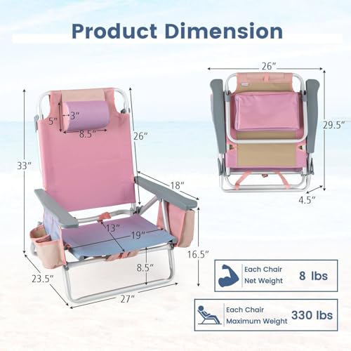 Tangkula Set of 2 Backpack Beach Chair, 5-Position Lay Flat Beach Chairs with Cooler Bag, 2 Cup Holders, Towel Bar, Lightweight Folding Beach Chair with Backpack Straps - color: Pink, style: 2 Pack