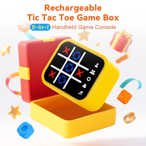 Rechargeable Tic Tac Toe Game Box with 5 Fun Brain Memory Games, Electronic Touchscreen Handheld Game, Portable Digital Puzzle Board Travel Toy, Gifts Choice for Kids and Adults(Yellow)