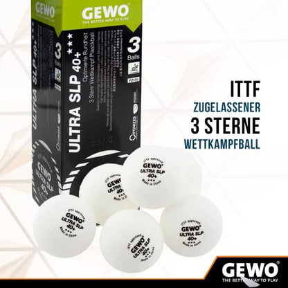 GEWO Ultra SLP Table Tennis Balls - 3 Star Table Tennis Ball Made of Plastic 40+ Without Seam - ITTF Certified Competition Balls Professional Table Tennis Balls White, 40 + mm Diameter