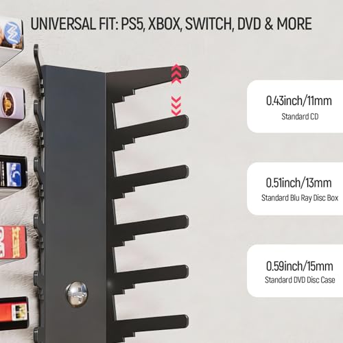 4-Pack Video Game Storage Wall Mount, Black Metal Shelves with 8 Screws & 8 Plastic Expansion Tubes, Media Storage Holds 72 Discs Fit for PS, Xbox, Switch