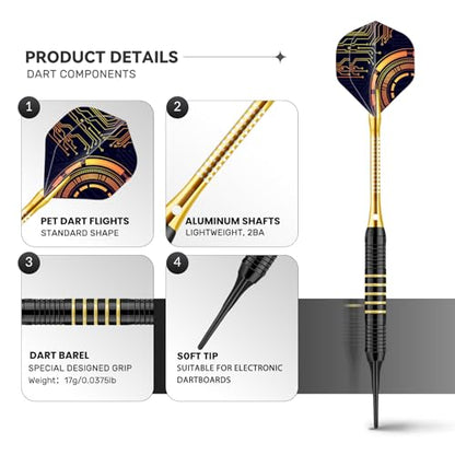 12Pcs Soft Tip Darts, 18 Gram Plastic Tip Dart Sets with 4 Color Aluminum Shafts 8 Style Flights, Replace the Dart Head, Ideal for Beginners & Pros Home/Bar/Competition