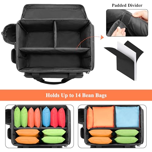 GOBUROS Cornhole Bag Holds Up to 14 Bean Bags, Professional Cornhole Carrying Bag with Detachable Divider, Molle Straps and Multiple Pockets for Essentials, Black