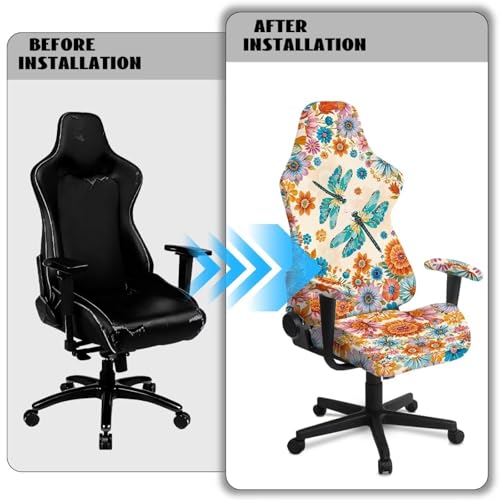 Suobstales Boho Mandala Dragonfly Pattern Gaming Chair Cover, Stretchable Computer Office Chair Cover for Armchair, Swivel Chairs, Computer Boss Chair, Removable Chair Slipcovers with Armrest Cover - color: Boho Mandala Dragonfly
