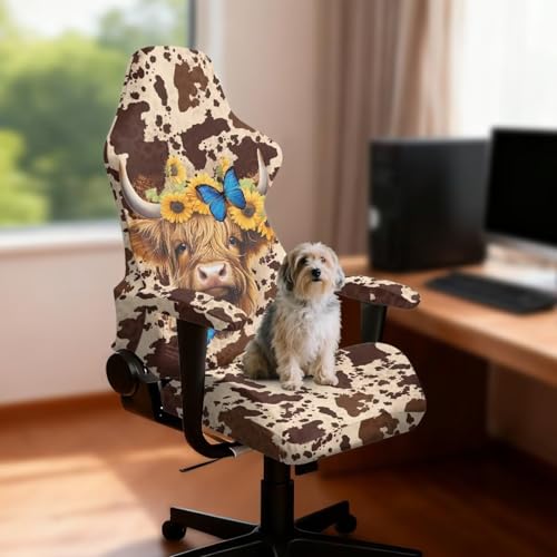 Suobstales Highland Cattle Butterfly Sunflower Pattern Gaming Chair Covers with Armrest Covers Office Desk Chair Cover Computer Chair Cover Stretch Gamer Chair Slipcovers Cat Scratch Proof - color: Highland Cattle Butterfly Sunflower