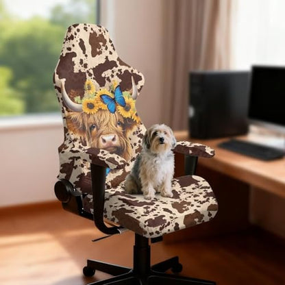 Suobstales Highland Cattle Butterfly Sunflower Pattern Gaming Chair Covers with Armrest Covers Office Desk Chair Cover Computer Chair Cover Stretch Gamer Chair Slipcovers Cat Scratch Proof - color: Highland Cattle Butterfly Sunflower