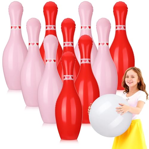 Lunmon 11 Pcs Easter Giant Inflatable Bowling Set 27 Inch Carrot Pins with 23 Inch Bowling Ball Indoor Outdoor for Adults Easter Party Yard Indoor Outdoor Games Supplies(Valentine's Day) - style: Valentine's Day