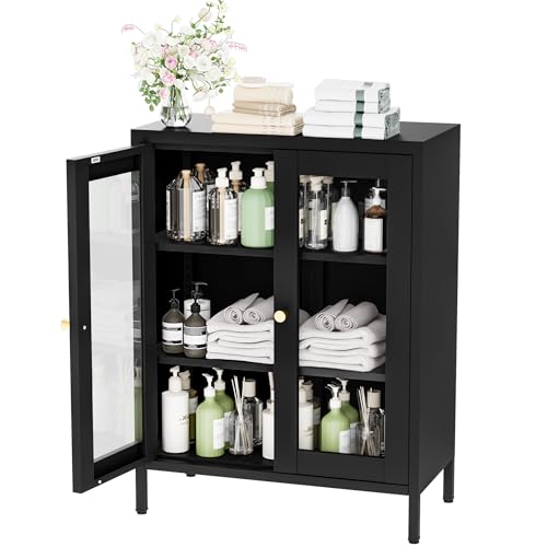 YAUWOH Metal Bathroom Cabinet with Glass Doors,Bathroom Floor Storage Cabinet with 2 Adjustable Shelves & 2 Doors, Sideboard for Small Spaces, Living Room, Dining Room, Home Office - color: Black, size: 2Glass Doors-31.5"H