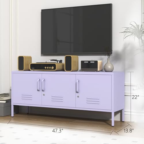 3 Door Lockable Metal TV Stand Storage Cabinet with Accent Cabinet Locker, Wide Heavy Duty Media Console for Large 100+ Inch TVs, Home Office Entertainment Center, Purple 22"H X 47.3"W X 13.8"D - color: Lilac, style: TV stand-22"H-LM
