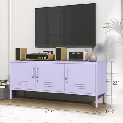 3 Door Lockable Metal TV Stand Storage Cabinet with Accent Cabinet Locker, Wide Heavy Duty Media Console for Large 100+ Inch TVs, Home Office Entertainment Center, Purple 22"H X 47.3"W X 13.8"D - color: Lilac, style: TV stand-22"H-LM