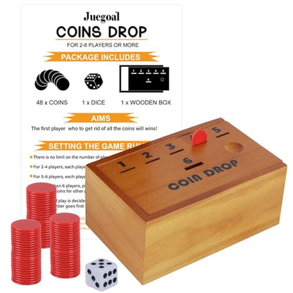 Juegoal Coin Drop Set, Pennies Dice Games, Wooden Tabletop Board Game Sets for 2-6 Player, Wood Penny Game Box Includes 48 Chips & 1 Dice