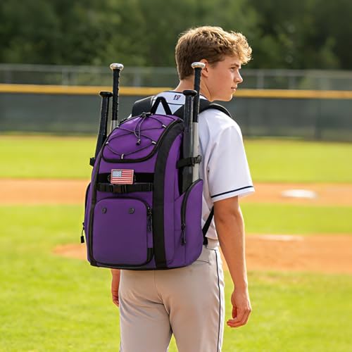 Goloni Baseball Bag, 60L Capacity Softball bag Holds 4 Bats for Youth & Adult, Baseball Bat Backpack with Shoes Compartment,Helmet Holder,Fence for Hook T-Ball, Softball Equipment, Baseball Gear - color: Purple