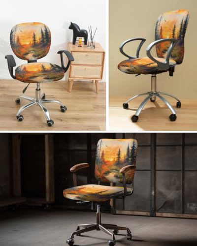 Savannan Office Chair Cover, Fall Watercolor Forest Tree Protective Stretch Elastic Universal Cover for Desk Task Chair,Computer Rotating Chair 1 Pcs County River Ombre Sunset