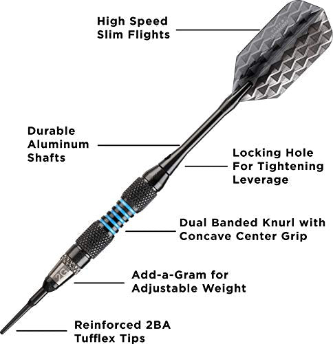 Viper by GLD Products Bobcat Adjustable Weight Soft Tip Darts with Storage/Travel Case - size: 16 Grams (Adjustable to 18 and 19 Grams), style: Black Coated Brass with Blue Rings