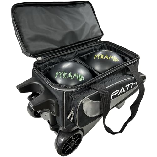 Pyramid Path Premium Deluxe 2 Ball Double Roller Bowling Bag With Large Separate Shoe Compartment (Up To US Mens Size 15) and Oversized Accessory Pocket, Retractable Locking Handle - Extends to 37" - color: Silver