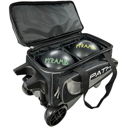 Pyramid Path Premium Deluxe 2 Ball Double Roller Bowling Bag With Large Separate Shoe Compartment (Up To US Mens Size 15) and Oversized Accessory Pocket, Retractable Locking Handle - Extends to 37" - color: Silver