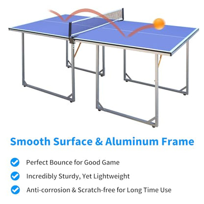 6ft Mid-Size Table Tennis Table Foldable & Portable Ping Pong Table Set for Indoor & Outdoor Games with Net, 2 Table Tennis Paddles and 3 Balls