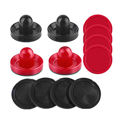 Air Hockey Pushers and Pucks - Air Hockey Paddles and Goal Handles Replacement Accessories for Game Tables (4 Pushers, 8 Pucks) - color: Red&Black