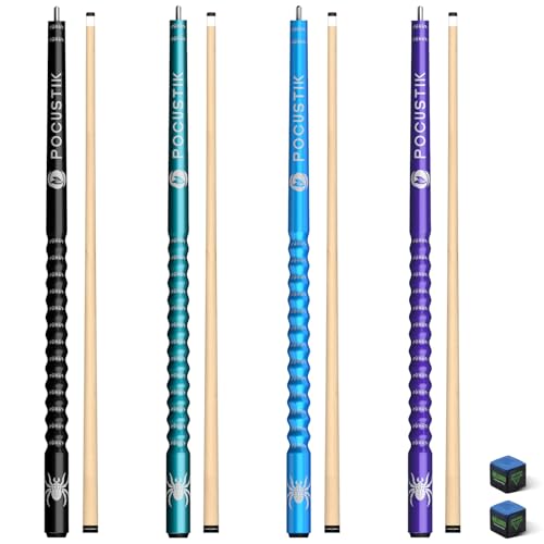 Pool Cues Set of 4, 58" 2-Piece Canadian Maple Billiard Sticks with Ergonomic Grip & 13mm Tip, Pro Pool Stick in 4 Colors & 4 Weights (18-21oz) for Home Bar, Incl 2 Chalks - color: Purple+Blue+Teal+Black