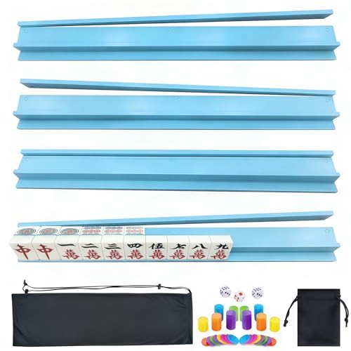 4 PCS Mahjong Racks with Pushers, Blue Wooden Mahjong Racks with Detachable Magnetic Pushers, Mahjong Tile Pushers and Racks, Includes Chips, Dice & Storage Bags, Mahjong Accessories (19.68 Inch) - color: Blue