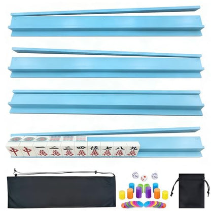 4 PCS Mahjong Racks with Pushers, Blue Wooden Mahjong Racks with Detachable Magnetic Pushers, Mahjong Tile Pushers and Racks, Includes Chips, Dice & Storage Bags, Mahjong Accessories (19.68 Inch) - color: Blue