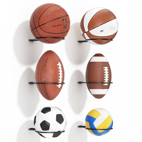 Ball Holder Wall Mount Set –Sports Ball Racks for Basketball, Soccer, Volleyball, Football – Wall Storage & Display for Sports Room - size: 6 pack