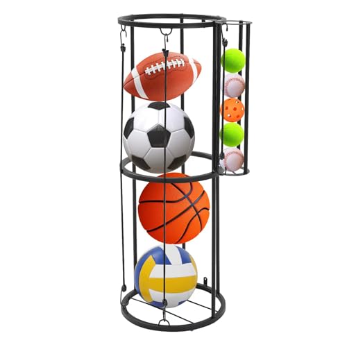 Garage Ball Storage Rack Wall Mount, Vertical Sports Ball Organizer with Small Ball Holder Basketball Soccer Volleyball Football Holder, Space Saving Metal Ball Rack for Garage, Gym, Playroom