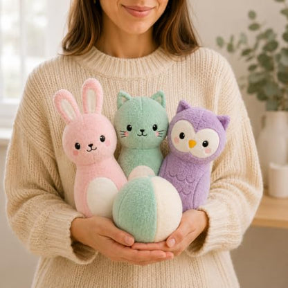 Juju Soft Bowling Set Six Animal Pins – Velour Bunny Bear Fox Cat Owl and Lamb with Weighted Bases – Soft Fabric Ball and Drawstring Storage Pouch – Indoor Active Set