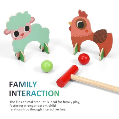 TOYANDONA Kids Croquet Set, Cartoon Wooden Animal Croquet Set Funny Lawn Games for Boys Girls