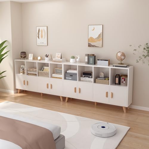 OSCHF Cubby Shelf Bookcase with Doors - Wooden 8 Cube Floor Standing Open Bookshelf with Solid Wood Legs, 2-Tier Low Storage Cabinet, Warm White - color: Warm White