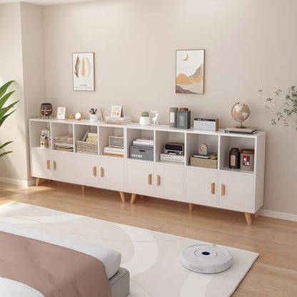 OSCHF Cubby Shelf Bookcase with Doors - Wooden 8 Cube Floor Standing Open Bookshelf with Solid Wood Legs, 2-Tier Low Storage Cabinet, Warm White - color: Warm White