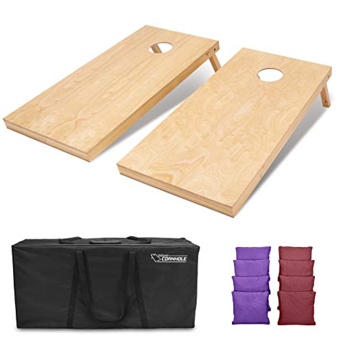 GoSports Regulation Size Wooden Cornhole Set with Natural Wood Finish - Includes Carrying Case - color: Burgundy & Purple