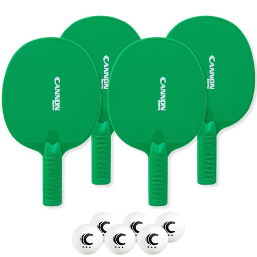 Cannon Sports Unbreakable Table Tennis Paddle Set - 4 Rackets with 6 Pack of 3-Star Table Tennis Balls – Portable Set for 4 Players - color: 4 Green Paddles + 6 White Balls