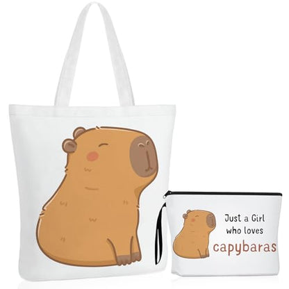 Sieral 2 Pcs Animal Lover Bag Gift for Women Travel Canvas Tote Portable Zipper Pouch Canvas Reusable Grocery Tote - style: Capybara