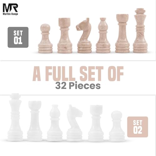 Marble Chess Pieces 3.5 Inch King Handmade Verona and White 32 Chess Figures for Board Games, Suitable for Travel Games - color: Verona and White